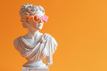A white marble statue of ancient greek goddess wearing modern pink sunglasses on a orange background