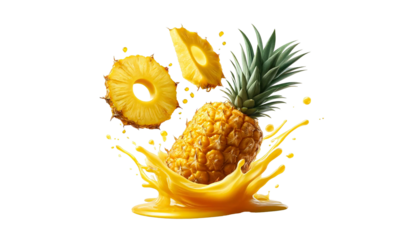 Pineapple slices falling into pineapple juice splashes, isolated on  white background 