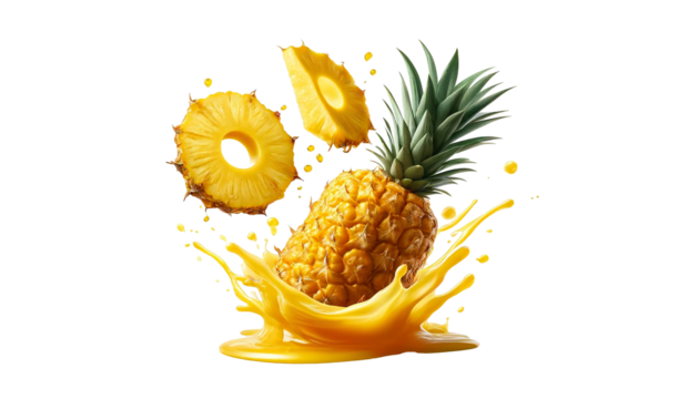 Pineapple slices falling into pineapple juice splashes, isolated on  white background 