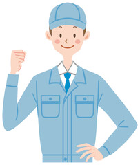 作業服を着てガッツポーズをする作業員　修理　点検