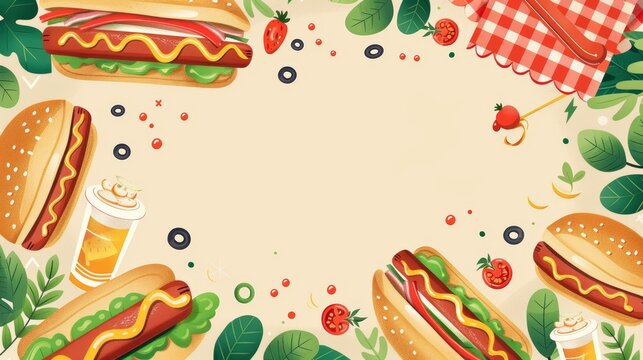 A colorful summer picnic scene with hot dogs, juice, fruit and a checkered blanket, creating a border around a blank space.
