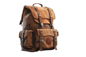 A brown backpack with a zipper pocket and a strap, Hiking & Trekking Equipment, 3D style and isolated on a transparent background.