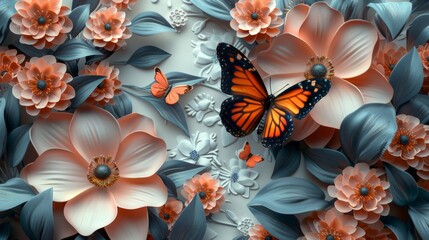 A vibrant monarch butterfly perched on delicate peach blossoms with a soft blue background.