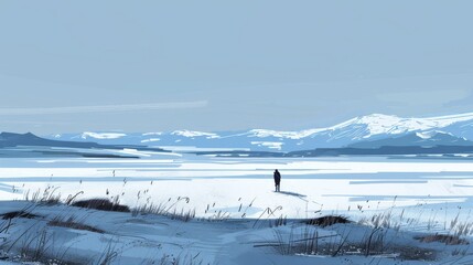 Lonely figure in a snowy mountain landscape for winter themed designs