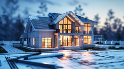 A modern, two-story house with large windows is illuminated at night, sitting on top of architectural blueprints.