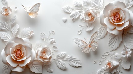 Elegant white 3D floral background with delicate butterflies. Perfect for wedding, romantic, or spring themes.