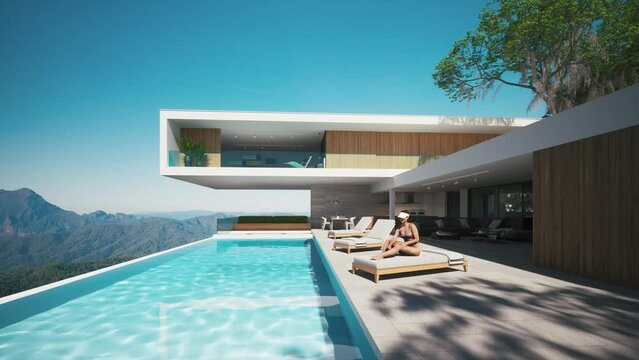 Relax by the pool in a beautiful villa. Woman in luxury resort in the swimming pool. Villa with pool and panoramic view. 3d animation