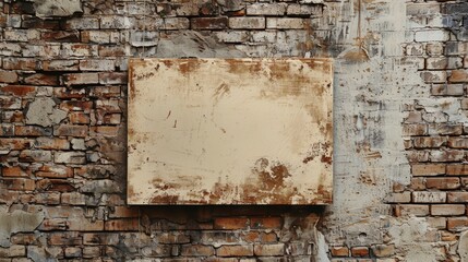A square metal plate is mounted to a weathered brick wall