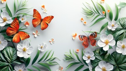 Three orange butterflies fluttering over white flowers and green leaves on a white background.