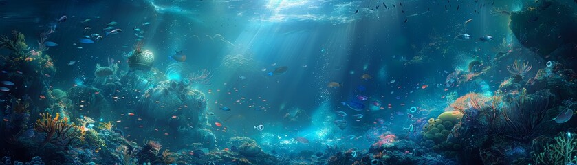 Underwater scene with sunlight filtering through the ocean.