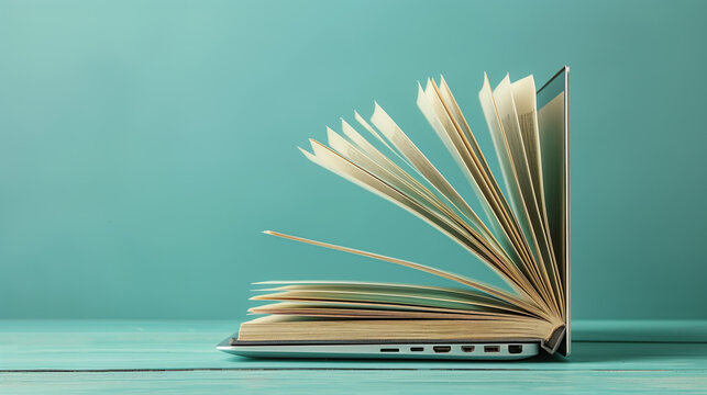 An open book placed on a laptop, with pages fanned out against a teal background. Symbolizes digital learning and technology integration in education.
