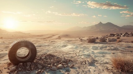 Lonely tire in a desert landscape