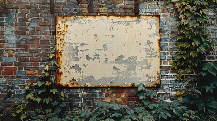 Naklejka premium A weathered metal sign hangs on a brick wall, partially covered in vines. The sign is rusty and peeling, offering a blank canvas for your design.