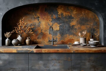 Rustic kitchen with antique decorations, copper pots, and dark wood elements, creating a warm and inviting atmosphere with a touch of vintage charm