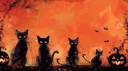 Halloween background with spooky silhouettes of black cats and pumpkins