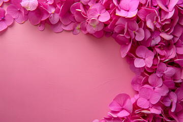 Pink hydrangea flowers on a pink background with copy space for text, in a top view.