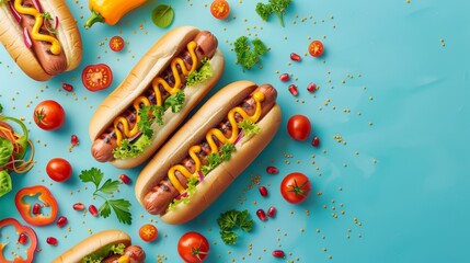 Classic hot dogs with mustard and toppings on a blue background.