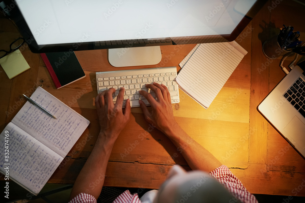 Poster Hands, computer and typing from above with notebook, remote work and networking at night. Person, keyboard and editing at desk for communication, copywriting and online research or social media