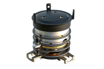 A black and silver object with a silver and gold rim, Hiking & Trekking Equipment, 3D style and isolated on a transparent background.