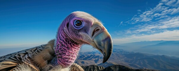 A close up of the head and neck of an Algerian vulture with purple spots on its feathers.