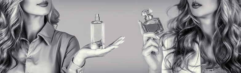 Girl holds cosmetics, serum in a vial, applying on hand. Woman spraying luxury perfume. Perfume...