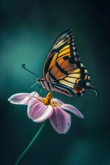 A closeup of a butterfly resting on the edge of a flower petal.