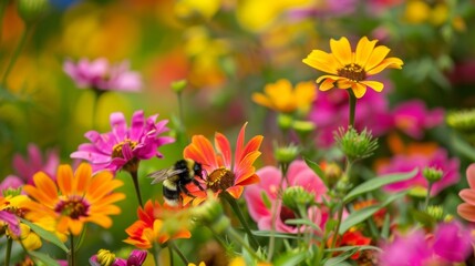 A bumblebee pollinating a colorful flower bed attracting beneficial insects to the garden.