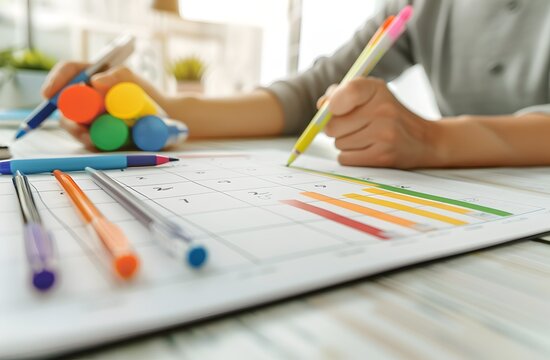 Planning Work Week with Colorful Markers and Office Calendar