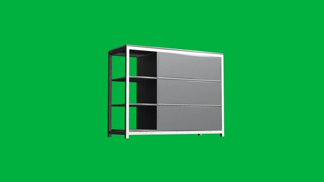 A three drawer dresser with a green background. The dresser is made of metal and has a modern design