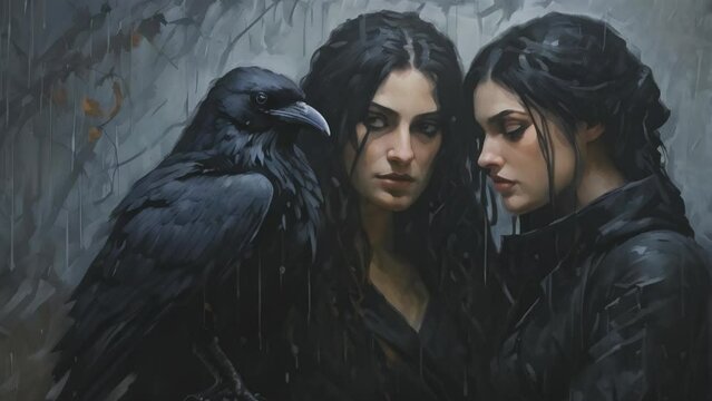 Mysterious figures of women with a raven, set in a dark, gothic atmosphere.