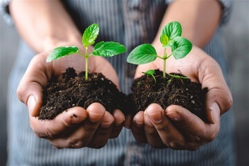 Unrecognisible man holding a green seedling growing in soil in his each hands. Organic farmer protecting a young plants. Sustainable farmer planting a saplings on the farm