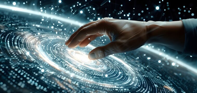 Technology in Business Management Hand Touching Illuminated Spiral Galaxy of Binary Data