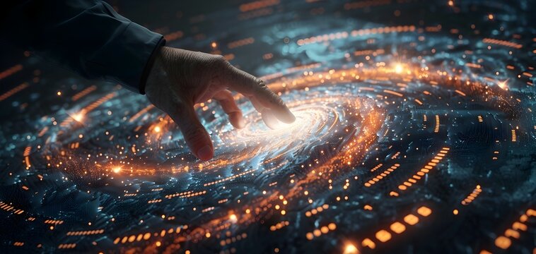 Technology Hand Touching Illuminated Spiral Galaxy with Glowing Data Points