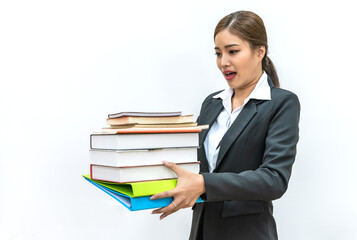 Portrait young Asian librarian holding stack of textbooks on white background