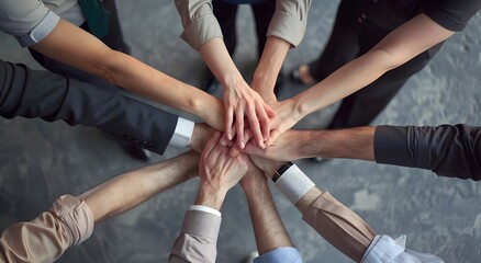 Unity and Teamwork Business People Collaborating from a Top View Perspective in an Office Setting