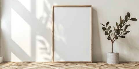 A mockup of an empty light wooden A4 frame, leaning against the wall on parquet floor, in white room