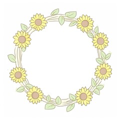 Obraz premium Illustration of a circular floral wreath made of sunflowers and green leaves, perfect for invitations, decorations, and design projects.