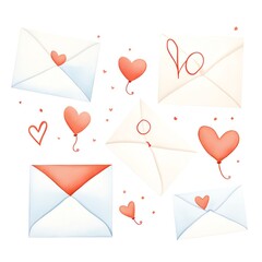 Illustration of envelopes with heart designs and balloons, ideal for love, romance, and Valentine's themes.