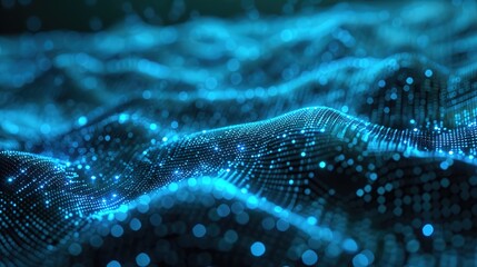 tech background with a 3D wireframe mesh in glowing cyan