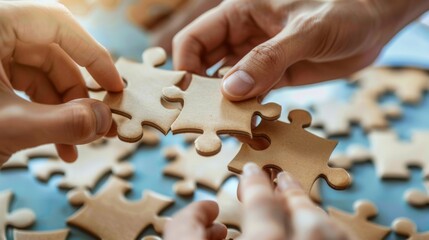 Teamwork concept with hands and puzzle pieces. Multiple hands fitting puzzle pieces together