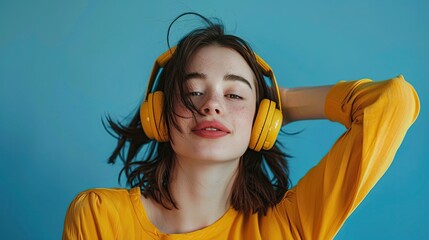 Happy young woman listening music.