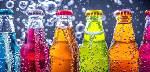 colourful transparent glass bottles of soda with bubbles in the background