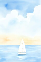 Watercolor painting of a sailboat on a calm sea with a beautiful sky. Peaceful and serene seascape perfect for relaxation or decor.