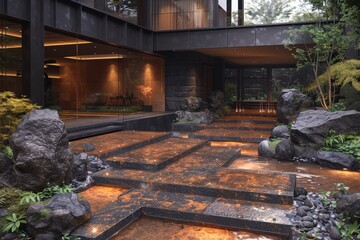 Japanese inspired courtyard with water features and stone pathways, surrounded by lush greenery, creating a tranquil and harmonious garden space