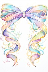 Colorful watercolor illustration of a delicate ribbon bow surrounded by splashes of vibrant paint, creating a whimsical atmosphere.