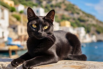 Obraz premium Portrait of a happy bombay cat in front of picturesque seaside village