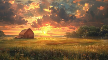 Sunset on a rural farm with a barn and fields bathed in golden light, warm and earthy colors, photorealistic, peaceful and nostalgic,