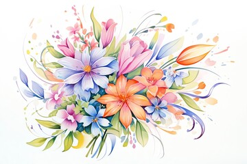 A vibrant watercolor painting of assorted flowers and foliage, showcasing a blend of pastel colors, creativity, and nature's beauty.