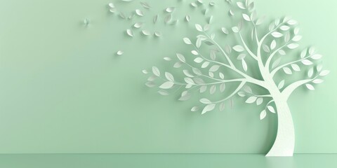 paper cut of tree with leaves on pastel green background