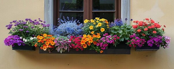 Window box gardening with a creative twist, arranging plants by flower color to form a natural rainbow visible from the street